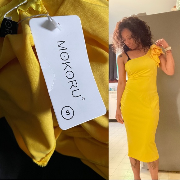 Yellow Mokoru Ruffle One Shoulder Bodycon Elegant Cocktail Party Midi Dress. - Picture 3 of 3